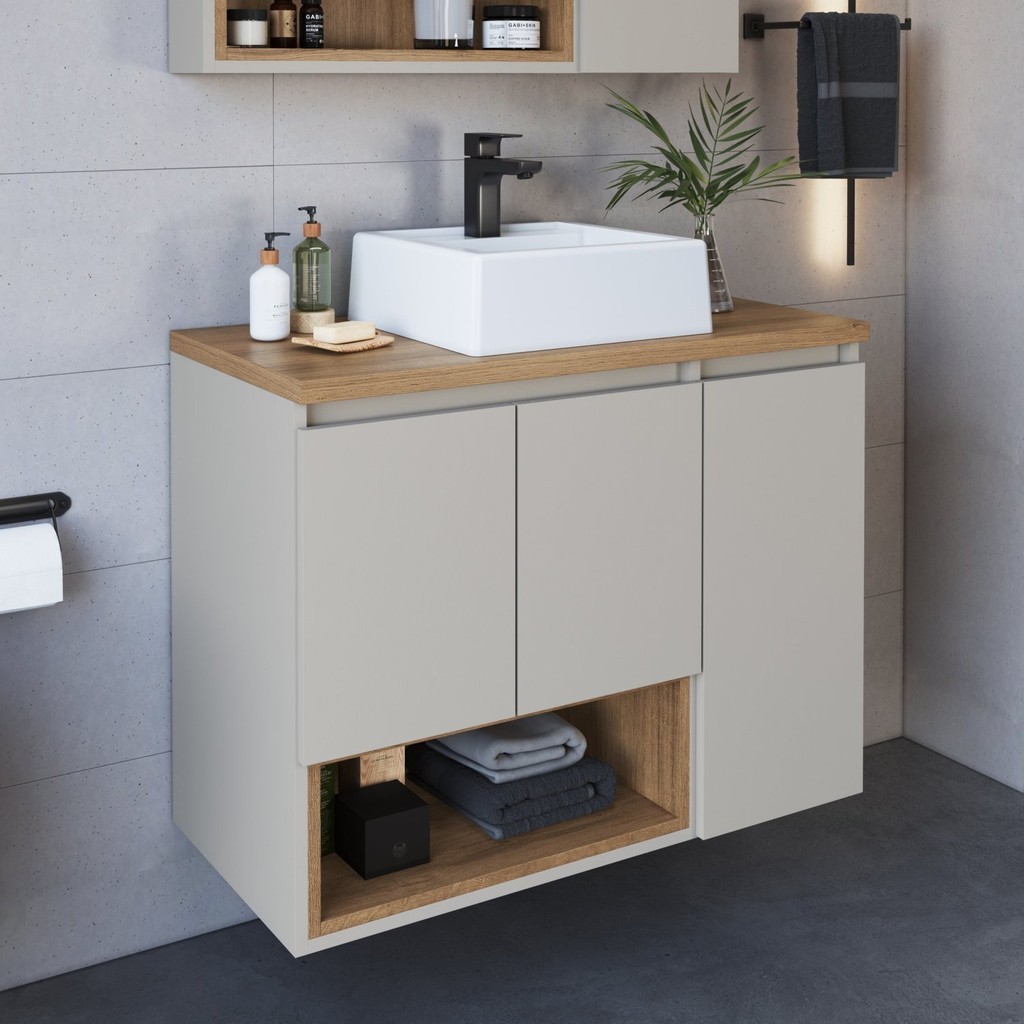 Gabinete de Banheiro Suspenso 80cm Cecília com 3 Portas e 1 Nicho com Cuba Mel/Arenas