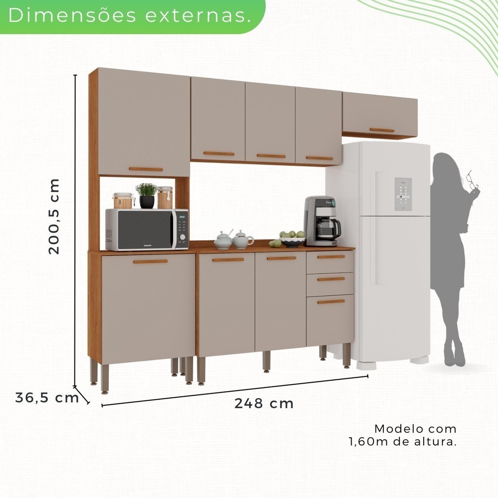 Detalhes do Cozinha Compacta 4 Peças 9 Portas 2 Gavetas Bella Cinamomo/Off White