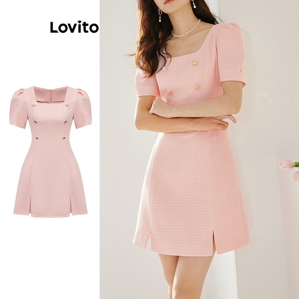 Lovito Vestido elegante liso com botões divididos para mulheres L85AD138 - Women Clothes
