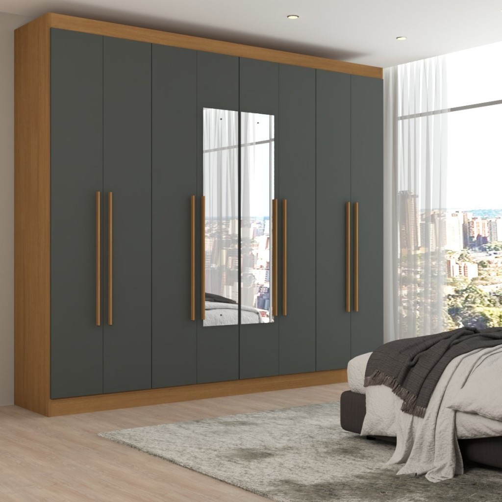 Guarda-Roupa Ele e Ela 8 Portas 8 Prateleiras com Espelho Cinamomo/Chumbo - Panorama Móveis em Oferta na Shopee