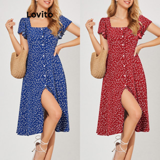 Lovito Vestido com Decote Quadrado e Botões Frontais para Mulheres LBE04144 (Azul)