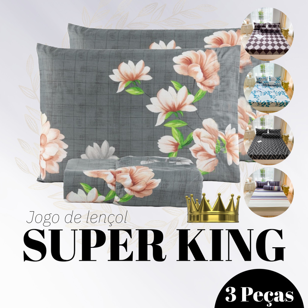 Jogo de Lençol SUPER KING 3 peças Estampado em Microfibra - Estampas Enviadas Aleatóriamente em Oferta na Shopee