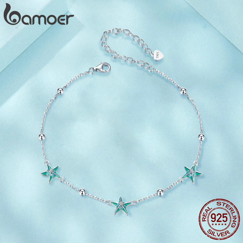 Bamoer 925 Sterling Sliver Anklet Tornozeleira Azul-Verde Starfish Jóias Presentes Para Mulheres - Fashion Accessories