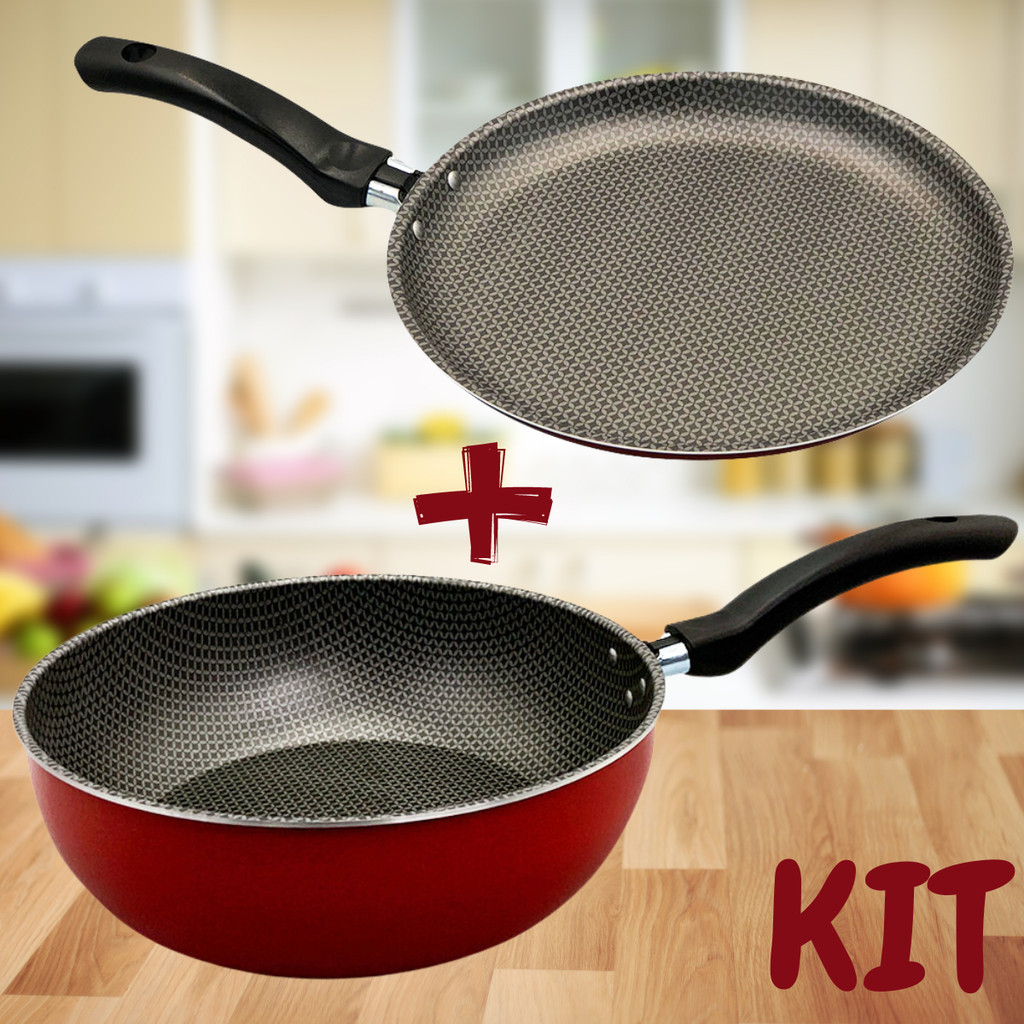 Kit Frigideira Wok Funda 24cm + Panquequeira Tapioqueira 22cm Antiaderente Não Gruda Vermelha Jogo de Panela Cozinha