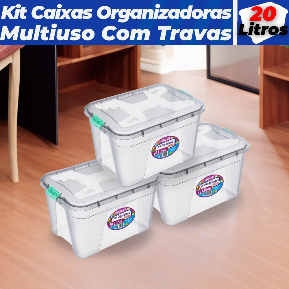 Kit C/ 1 ou 3 Caixas Transparente Organizadoras 20/30L Uninjet Multiuso Cesto Com Travas Armazenamento