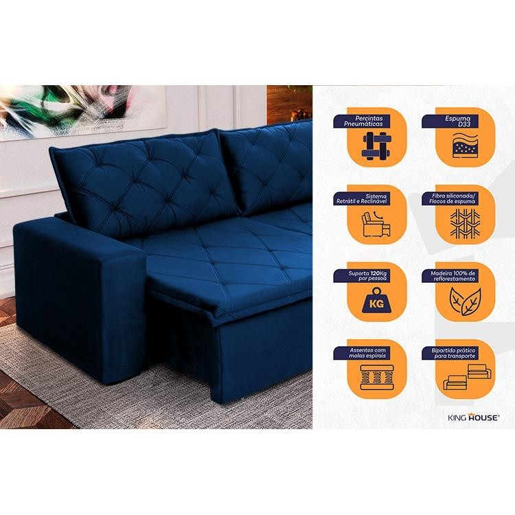 Sofá Cama Bangkok Sem Caixa 3,00m Retrátil e Reclinável Com Molas Velut Azul- King House