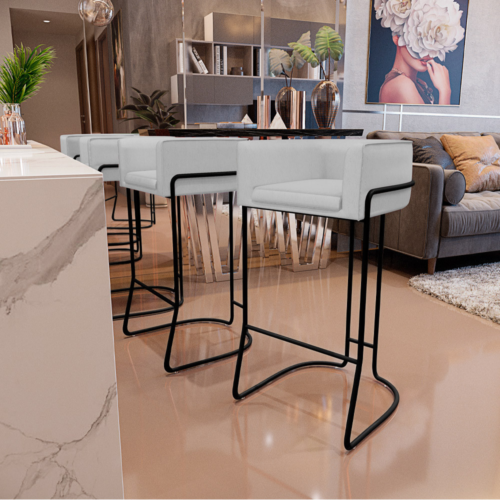 Kit 02 Banquetas Decorativas Fixa Base de Aço Preto Betina D02 Linho Cinza D-315 - Lyam Decor em Oferta na Shopee