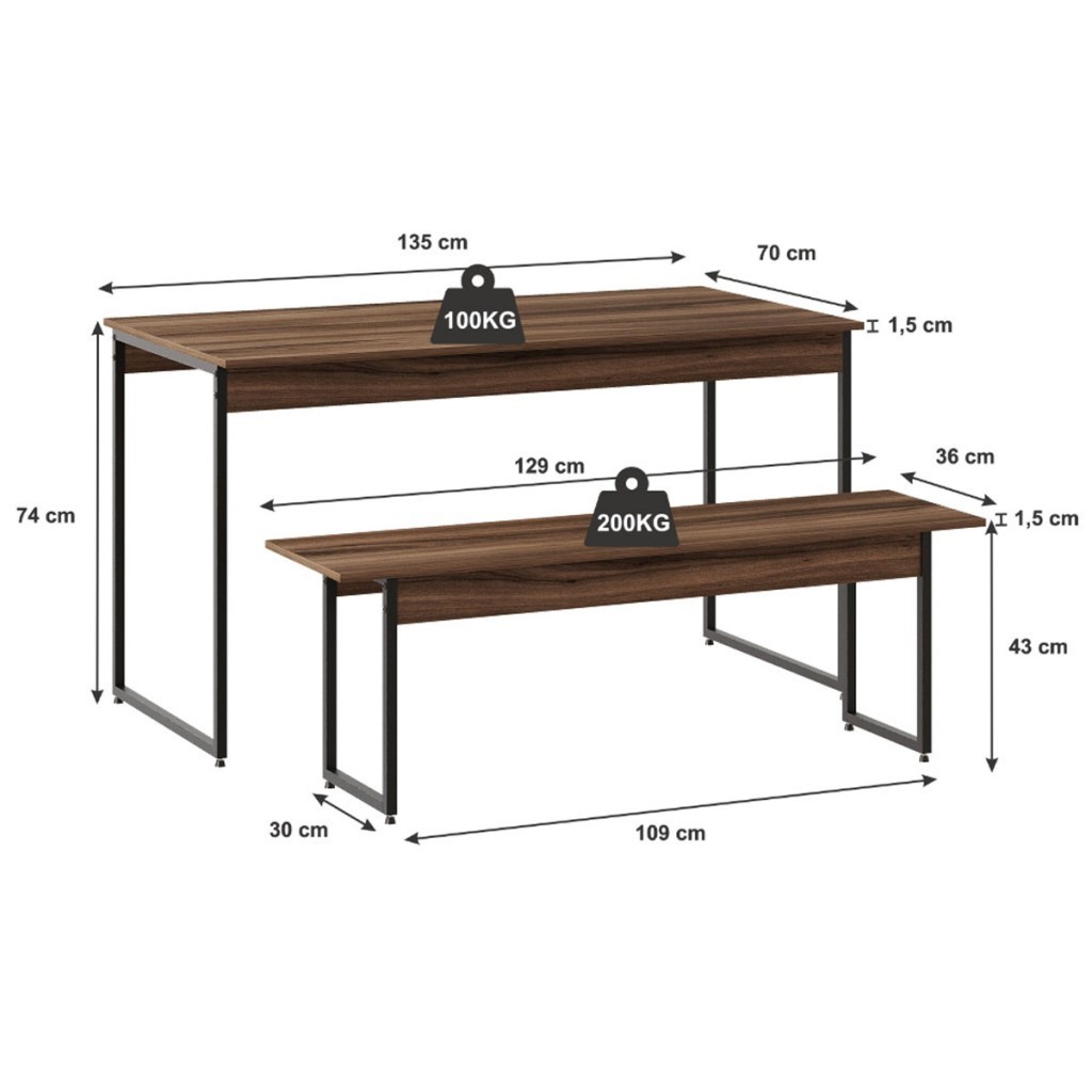 Detalhes do Mesa de Madeira Tub com 1 Banco Nogal/Preto - Compace