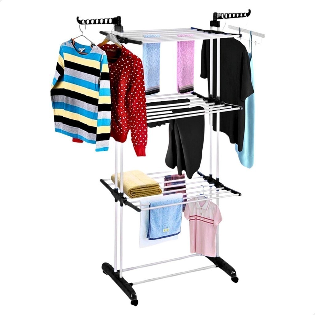 Varal De Chão Roupa Calcinha Meias e Camisetas com Grade e Cabideiro 3 Andares Dobrável Portátil