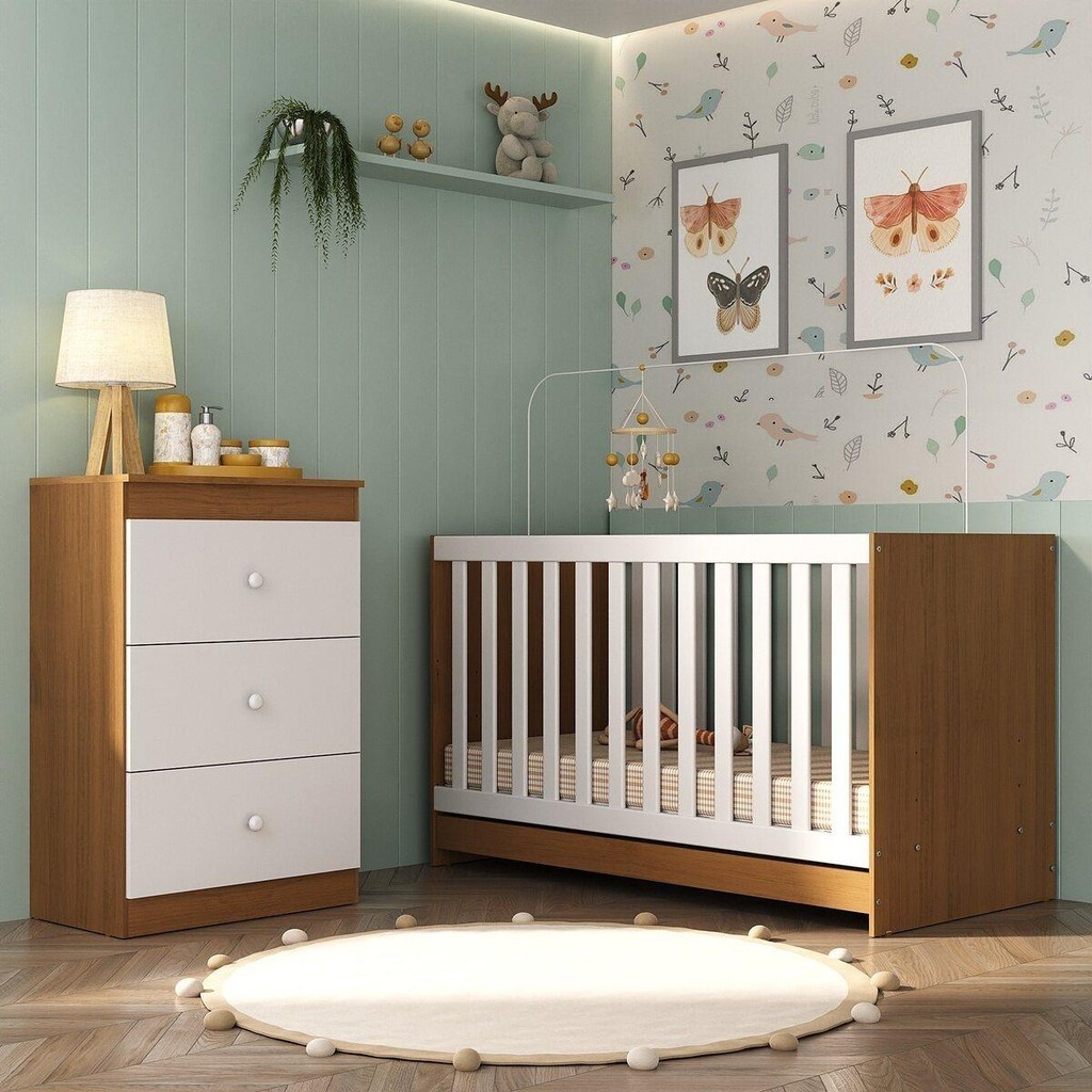 Berço 3 em 1 para Colchão 130 x 60cm com Cômoda 3 Gavetas Doce de Leite Multimóveis MP4239