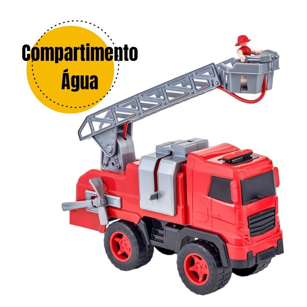 Caminhão de Bombeiro Grande Lança Água de Verdade + Boneco Bombeiro c/ Ferramentas Brinquedo