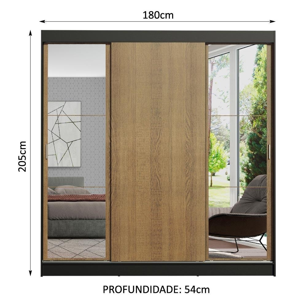 Guarda-Roupa Casal Madesa Reno 3 Portas de Correr com Espelhos - Preto/Rustic — imagem 2 de 2