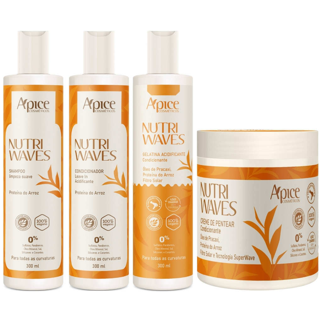 Kit Apice Nutri Waves Tratamento Completo 4 Produtos Gelatina Acidificante E Creme De Pentear