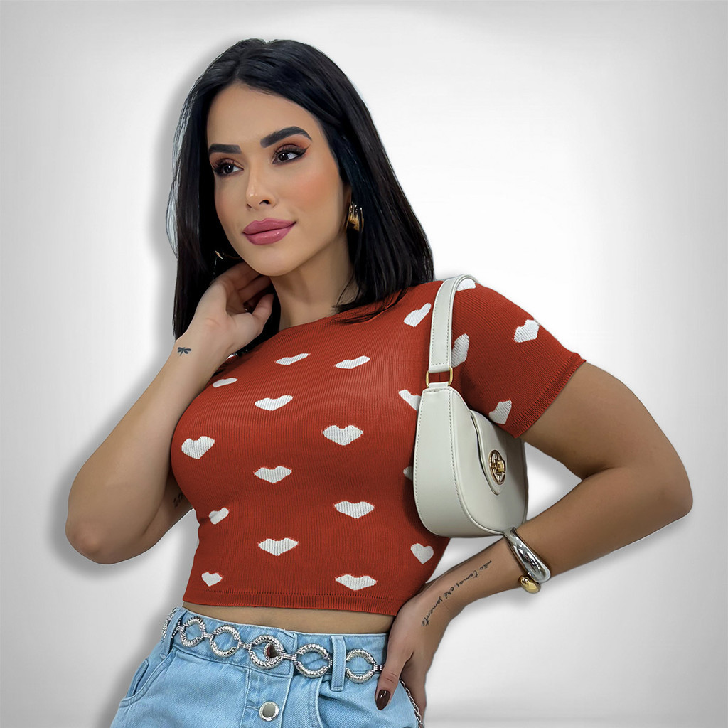 Blusa Cropped Manga Curta Coração Tricot Modal Blogueira em Oferta na Shopee