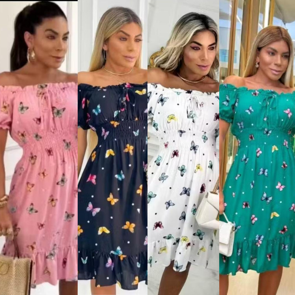 Vestido Borboleta Manga Ombro a Ombro Curto Perfeito para Arrasar no Calor em Oferta na Shopee