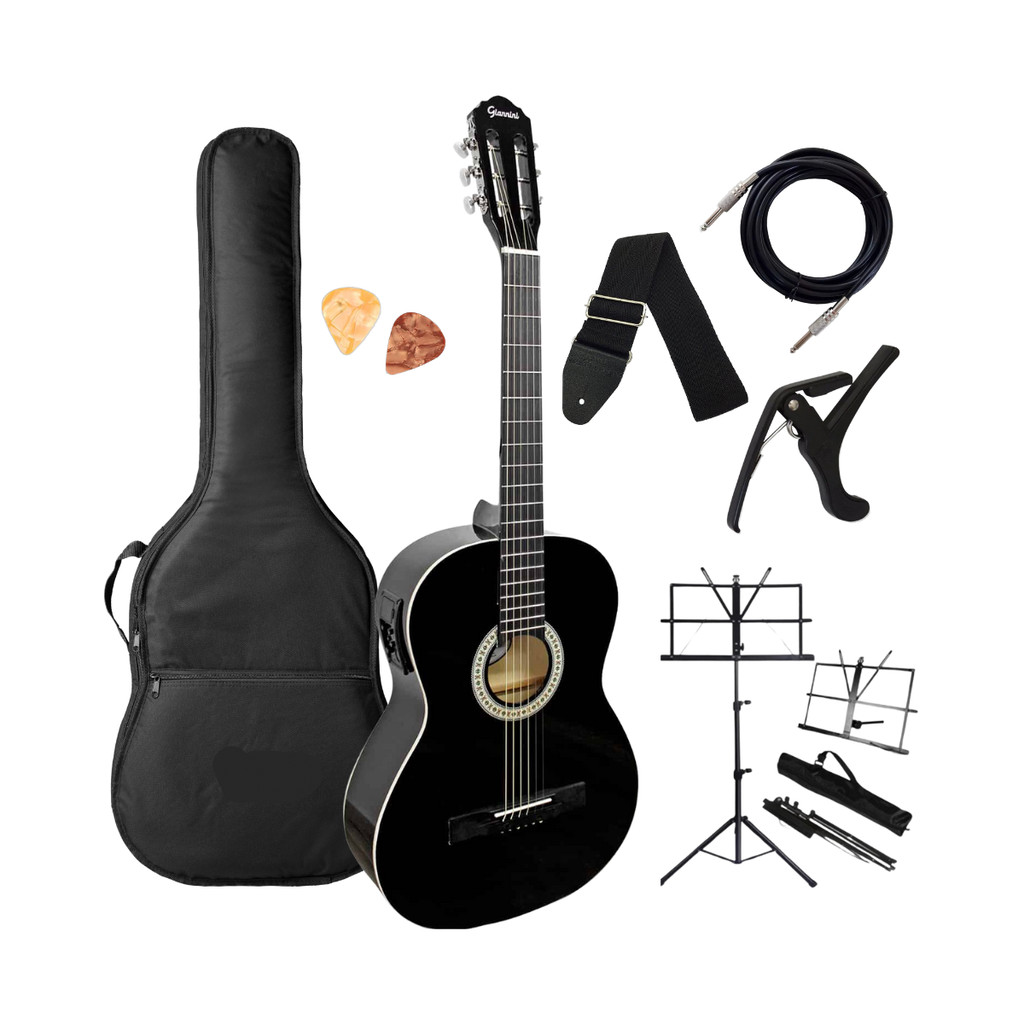 Violão Aço Elétrico Giannini Start S-14 EQ BK Destro Adulto Clássico Preto Afinador Digital Embutido + Acessórios
