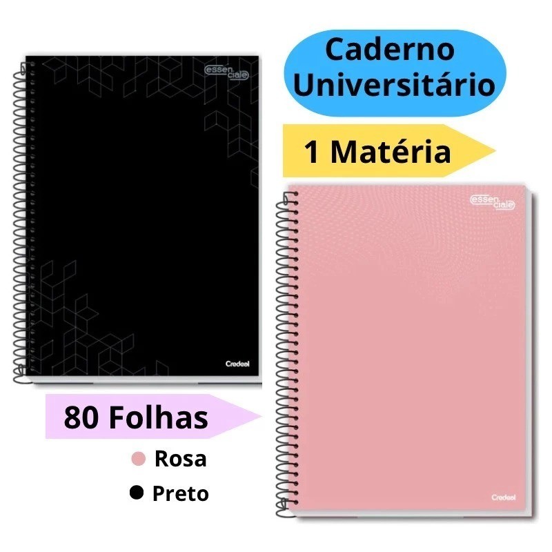 Kit 4 Cadernos Universitários Capa Dura 1 Matéria Com 80 Folhas Preto e Rosa Escolar Credeal em Oferta na Shopee