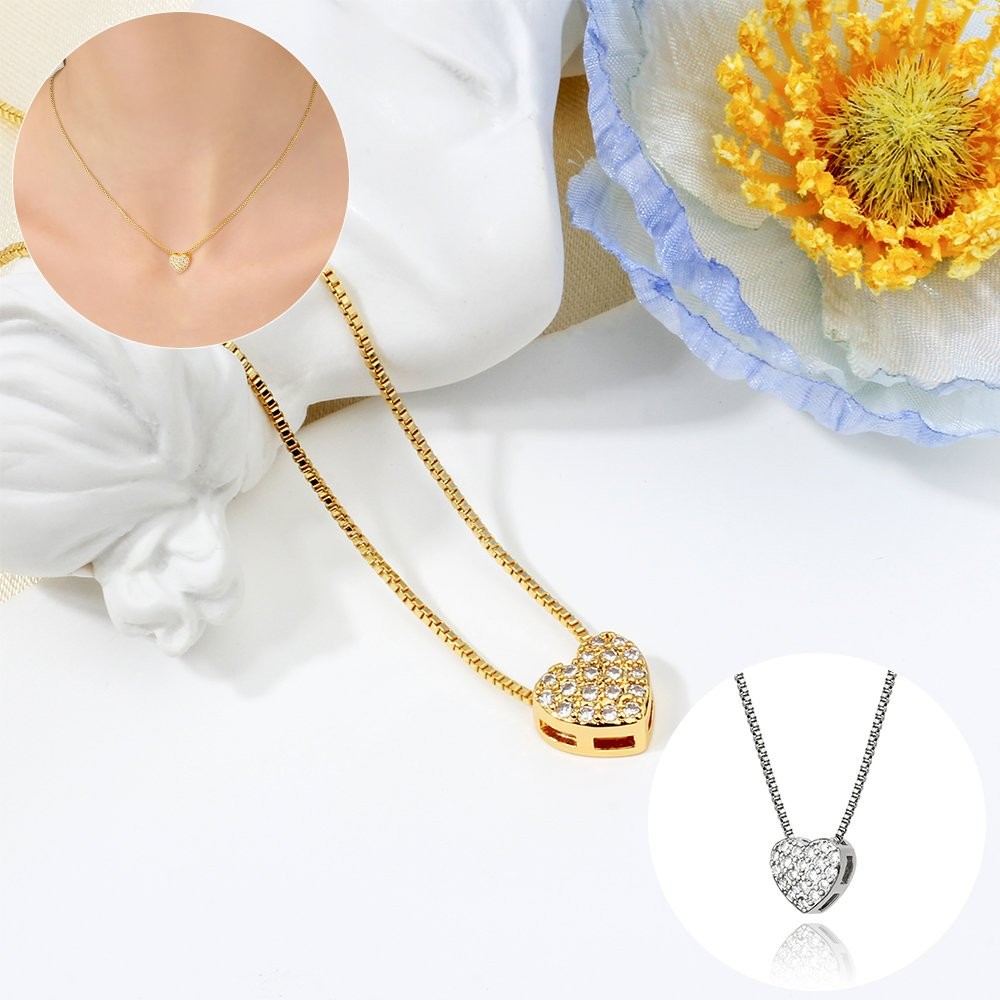 Colar Femenino Delicado Folheado a Platina Cravejada Coração Luxo em Oferta na Shopee