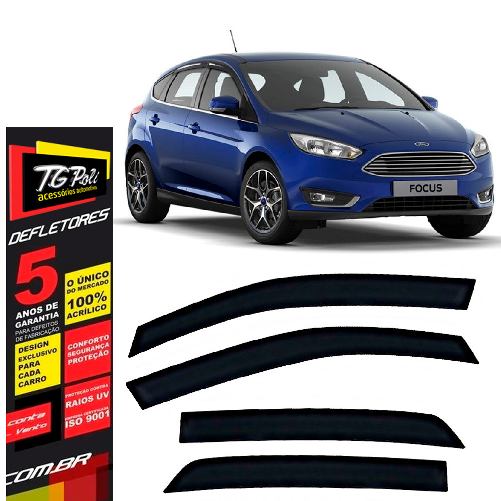 Calha de Chuva Ford Focus 2014 a 2019 4 Portas TG Poli Defletor Portas Protetor Janelas Fumê