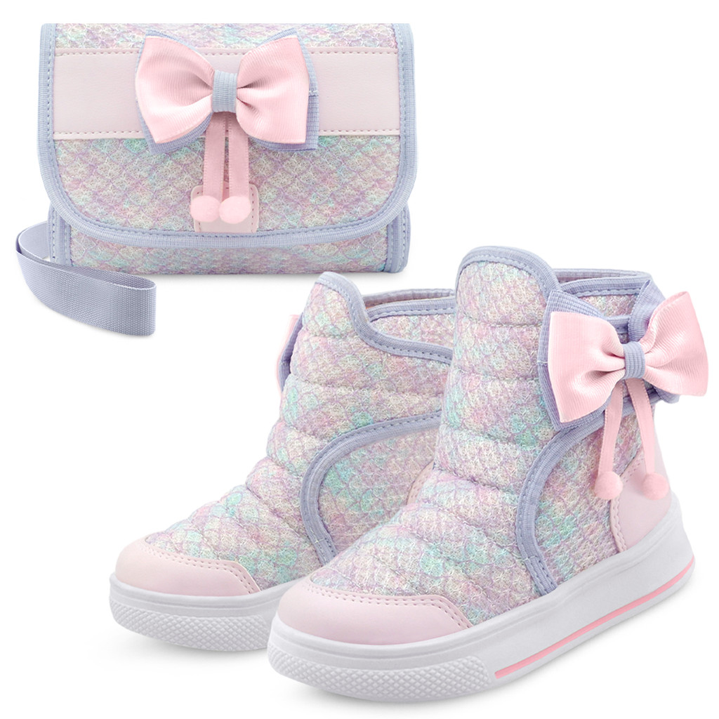 Kit Bota Infantil Menina Com Bolsa Cano Alto Feminina Conforto Inverno Calce Fácil Rosa BB&Kids