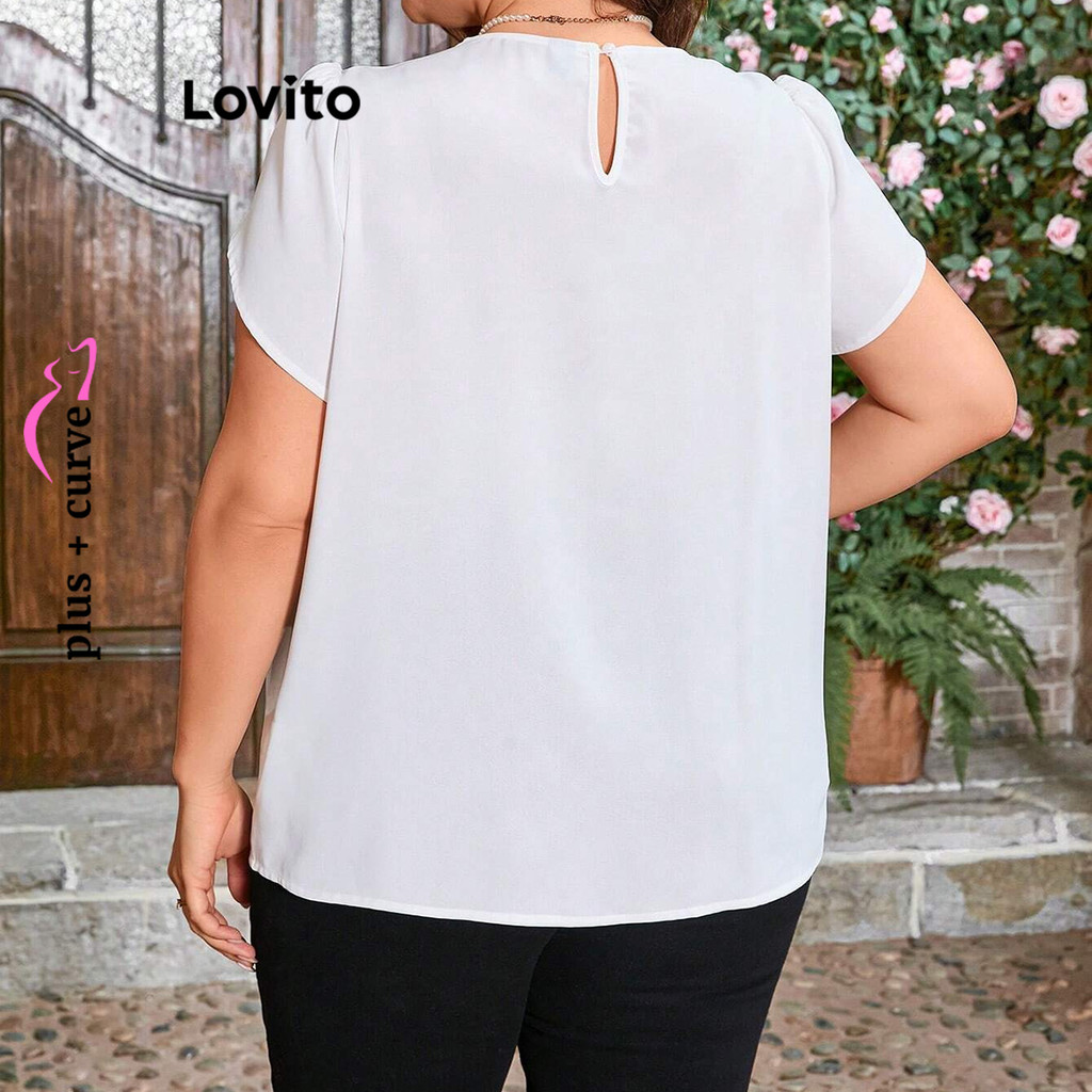 (Trendy) Lovito Blusa Curva Plus Size Elegante Blusa Lisa Com Babados De Renda Para Mulheres LBL15206 - Women Clothes