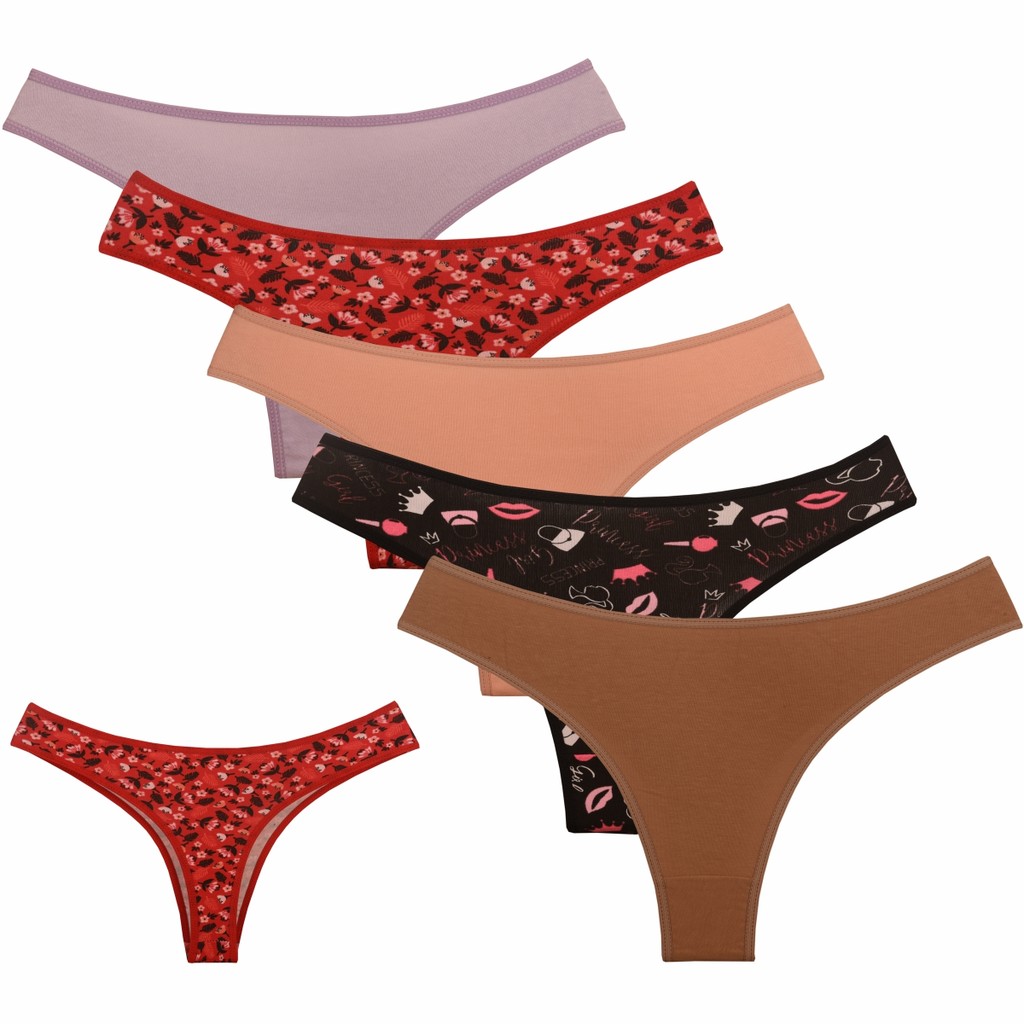 Kit Com 5 Calcinhas Lisas e Estampadas Fio Dental Cotton 8% - Pepper Lingerie
