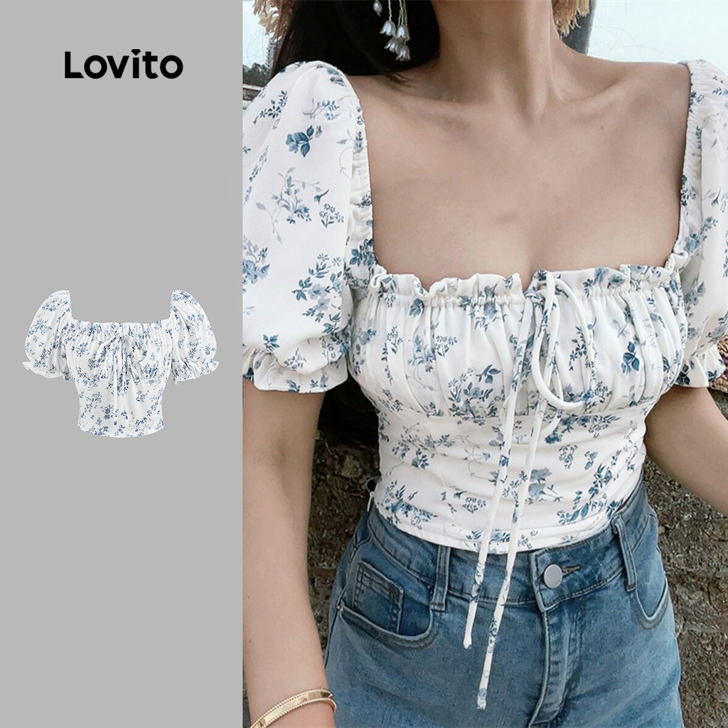 Lovito Blusa Elegante Floral Alface Guarnição Verão/Primavera Blusa Feminina L124AD622 em Oferta na Shopee