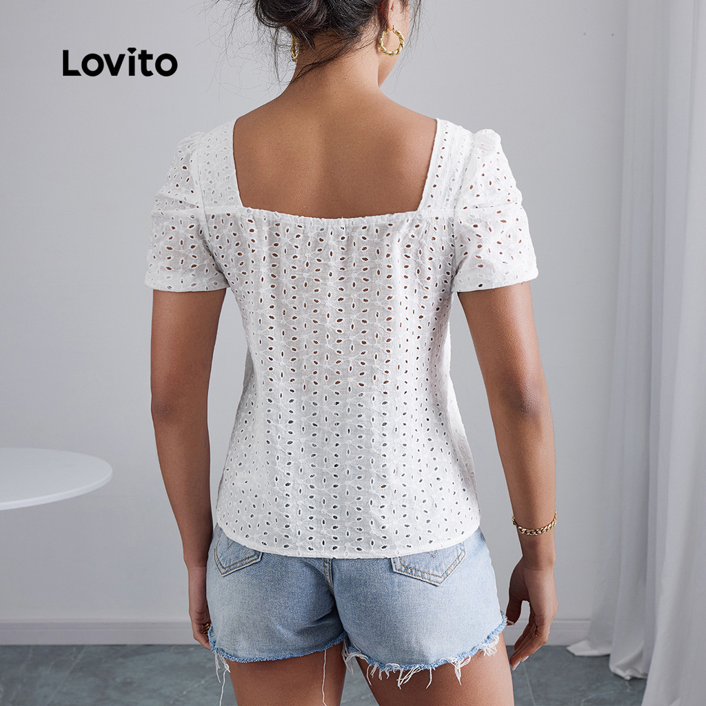 (Trendy) Lovito Blusa Casual lisa de camada dupla franzida em Jacquard para mulheres LBL22536 - Women Clothes