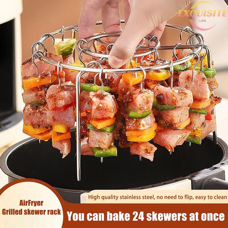 [EL] Fritadeira De Ar De Aço Inoxidável Vertical Grelha Rack Destacável Corda Grill Churrasco Espeto Suporte 24 Agulha C
