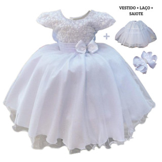VESTIDO INFANTIL BRANCO BATIZADO CASAMENTOS EVENTOS LINHA LUXO BUSTO BORDADO ACOMPANHA LAÇO DE CABELO E SAIOTE D7007 em Oferta na Shopee