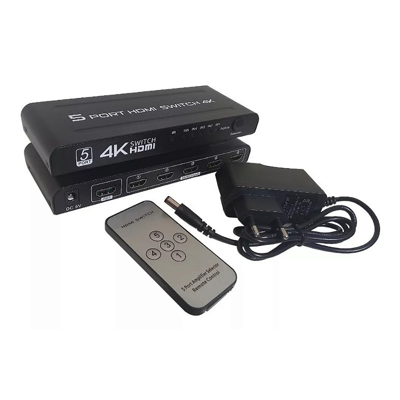 Switch HDMI 5 Portas 4K 3D Ion Cabos 5x1 com Controle Remoto Auto Switch HDMI 2.0