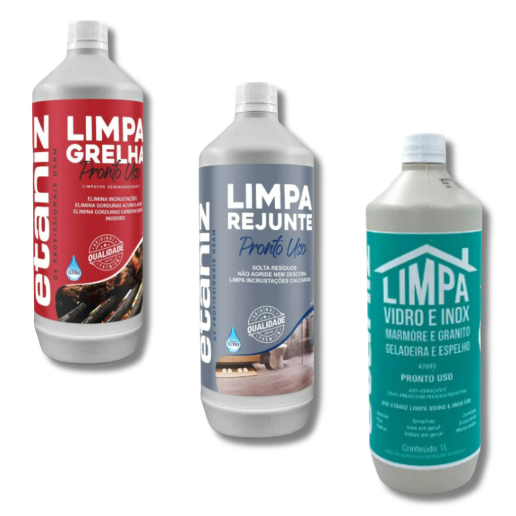 KIT LIMPEZA LIMPA GRELHA + LIMPA REJUNTE + LIMPA VIDRO 1L