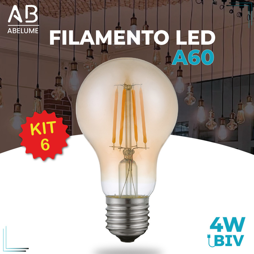 6 Lâmpada Filamento de LED Bulbo A60 4W Âmbar Bivolt Luminária Decorativa Retro Vintage