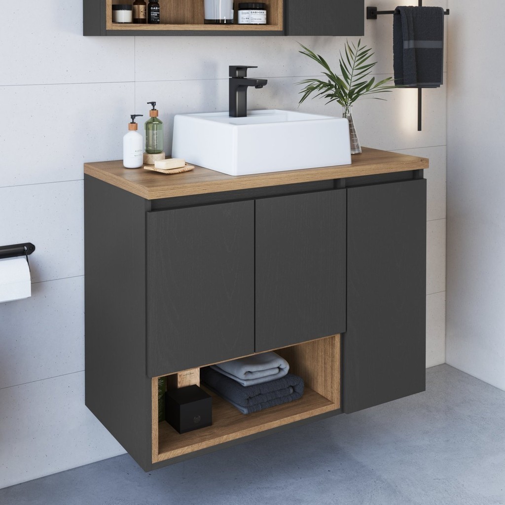 Gabinete de Banheiro Suspenso 80cm Cecília com 3 Portas e 1 Nicho com Cuba - Home & Living