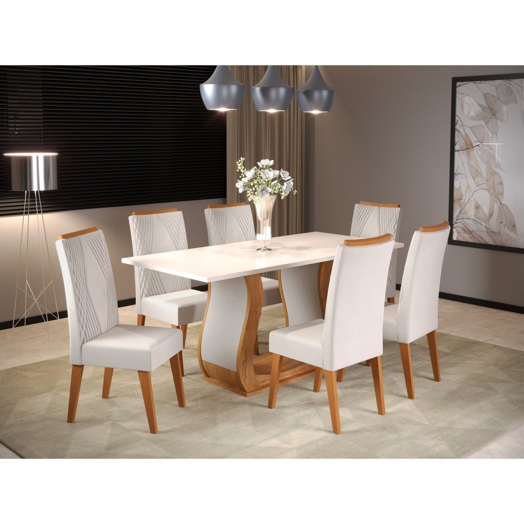 Mesa de Jantar Retangular Vitalic com 6 Cadeiras Madeira Maciça Vegas  Mel/Blonde/Marfim