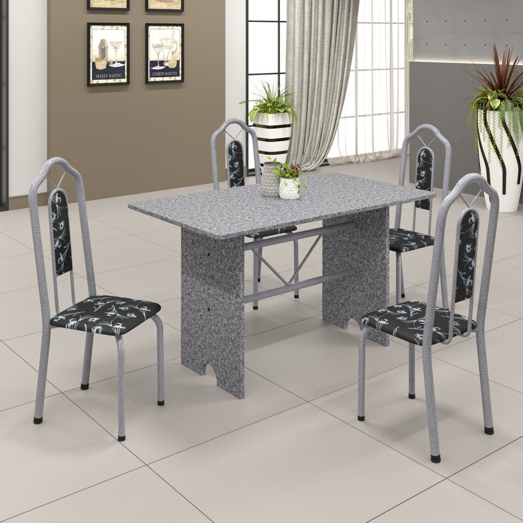 Conjunto de Mesa 120x75cm Tampo Granito com 4 Cadeiras Bianca  Martelado Pérola/Granito Ocre/Preto Floral - Home & Living
