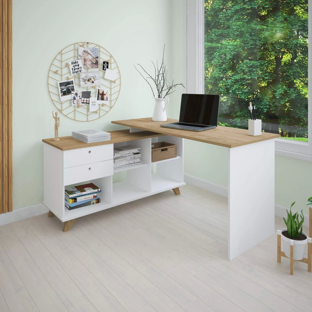 Escrivaninha 145cm Retrô em L Mesa Escritório e Home Office com 2 Gavetas e 5 Nichos Gold Branco/Olmo em Oferta na Shopee