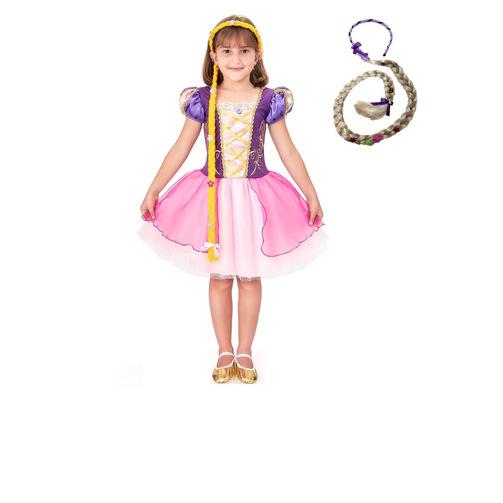 Vestido Fantasia Curto Menina Princesa Rapunzel Enrolados Luxo + Trança