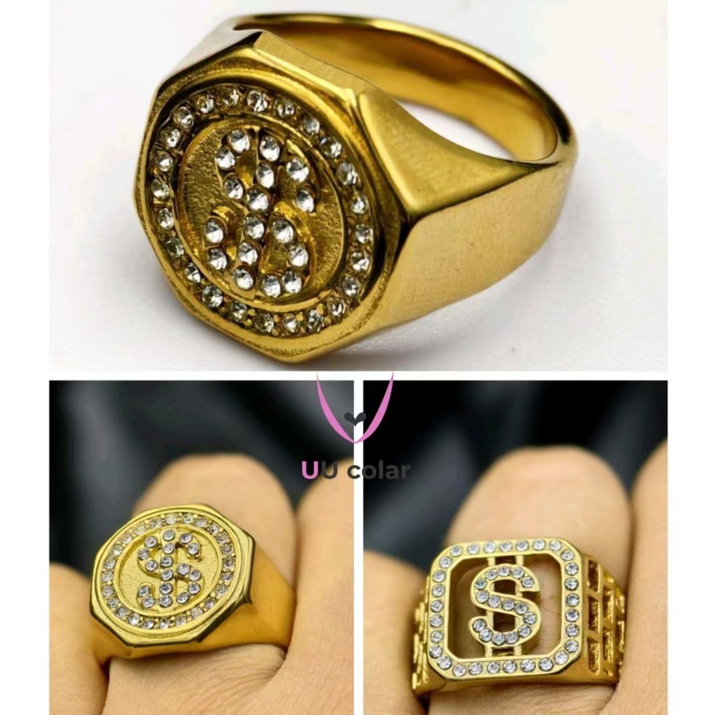 Anel masculino com cifrão mais vendido: elegante em aço inoxidável banhado a ouro 18k