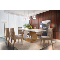 Sala de Jantar Lara 180 Tampo MDF Vidro com 6 Cadeiras Safira