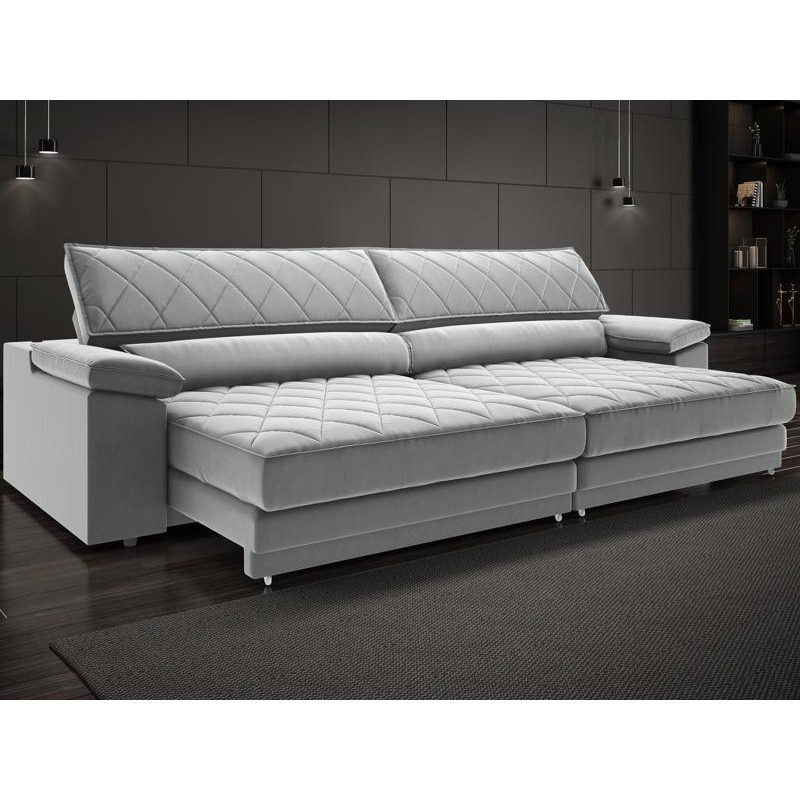 Sofá de Duplo Molejo com Carregador USB, Retrátil e Reclinável Viena 2,90m Veludocristal Cinza- NETSOFAS