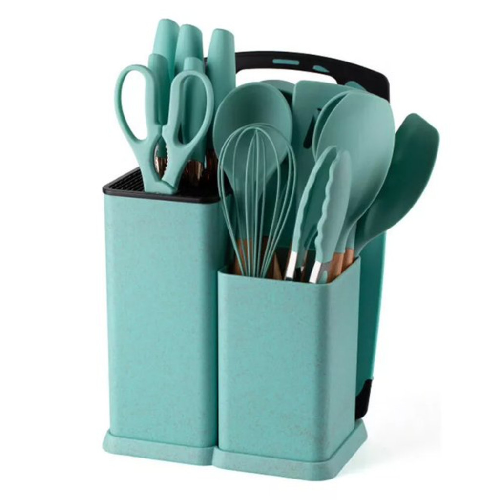 Kit Completo Jogo Utensílios de Cozinha Luxo 19 Peças Com Tábua em Silicone Espátula Faca Tesoura