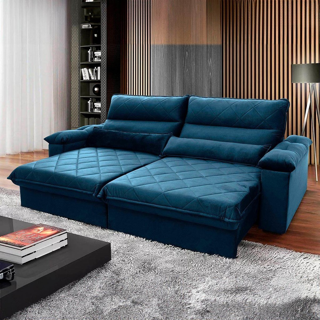 Sofá Retrátil Reclinável Grécia 2,10m Suede Velut Azul Marinho  Molas no Assento - King House