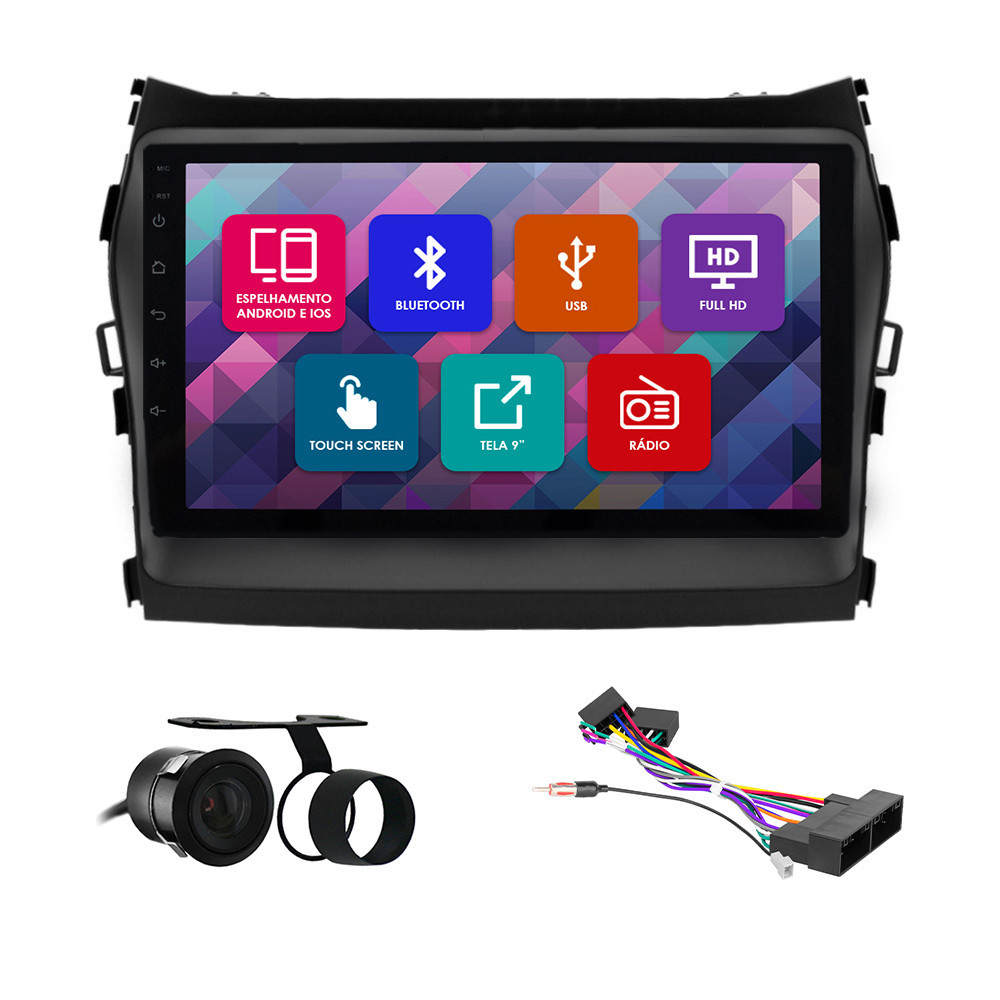 Kit Multimídia 9 Pol Santa Fé 2014 2015 2016 2017 Espelhamento Android Ios 2 Din Preto Camera Ré