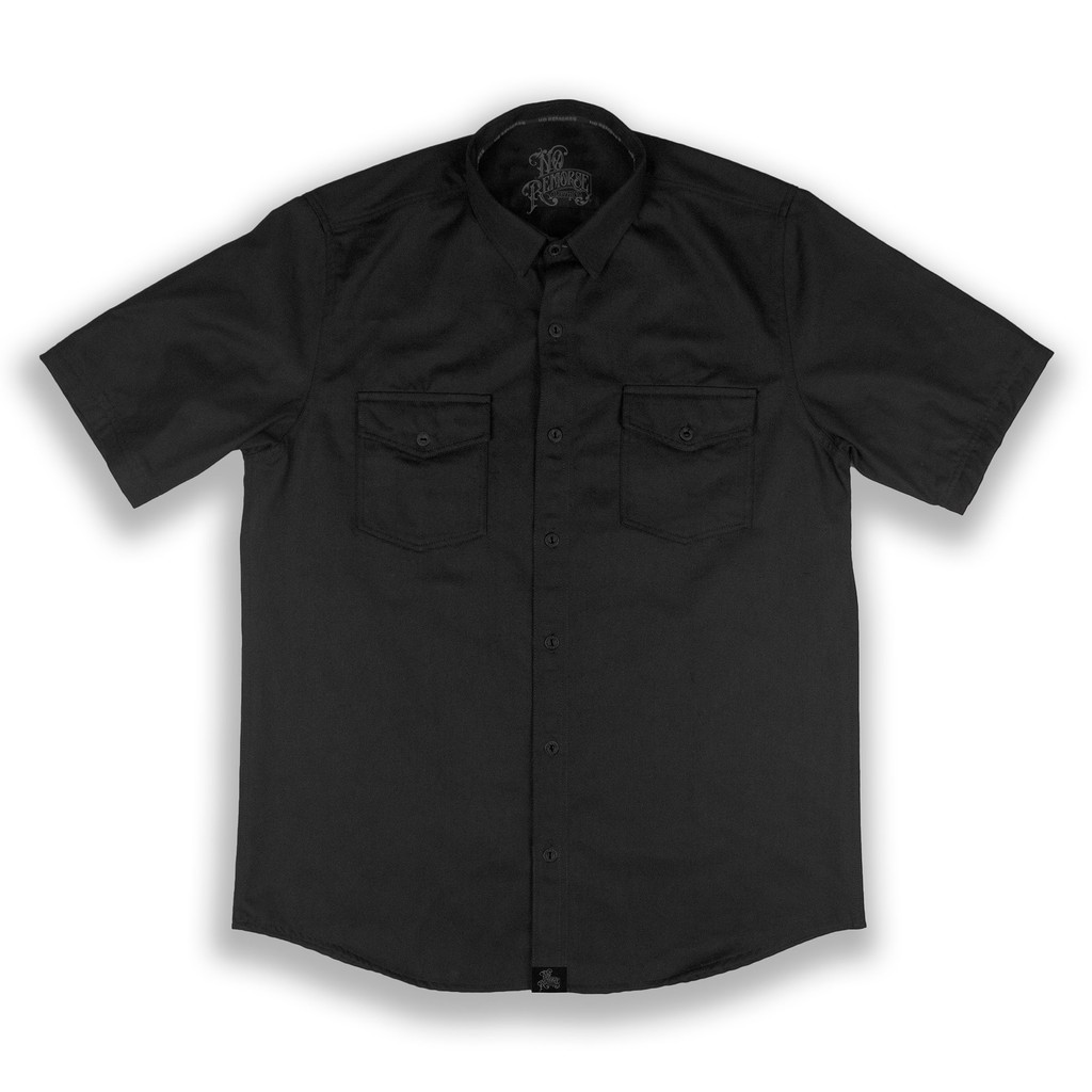 Camisa Workshirt Preta Custom Estilo Mecânico Barbearia Tattoo No Remorse