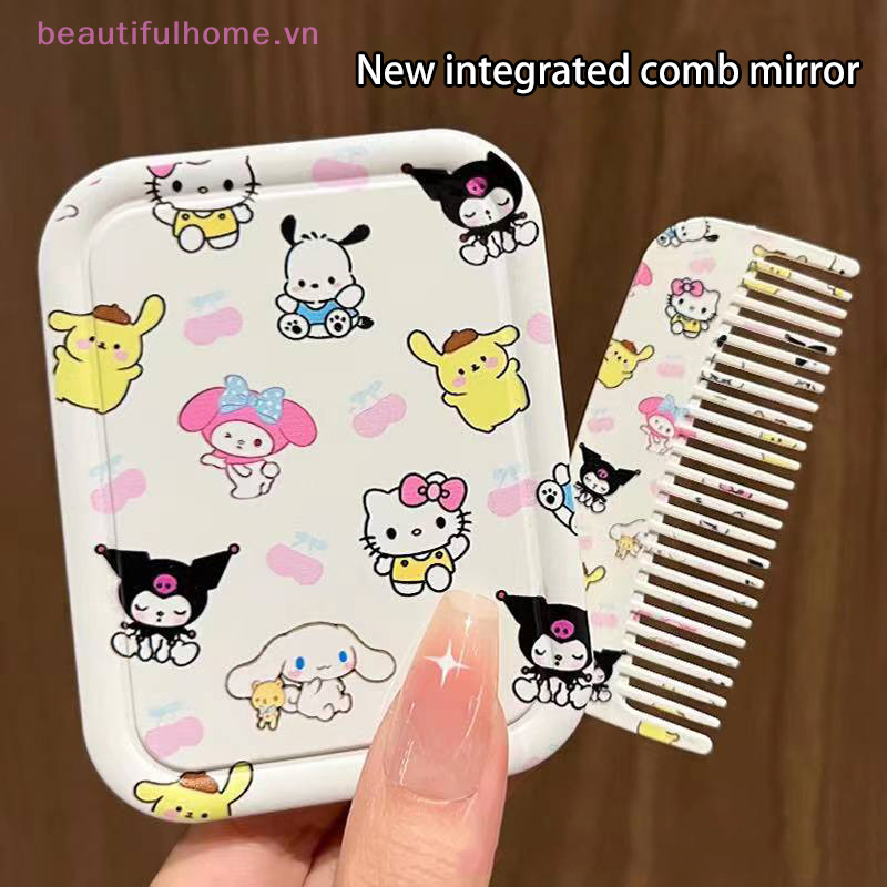 [beautifulhome] Sanrio Hello Kitty Mini Espelho De Maquiagem Dobrável Com Pente Portátil Para Mulheres Meninas [beauty]