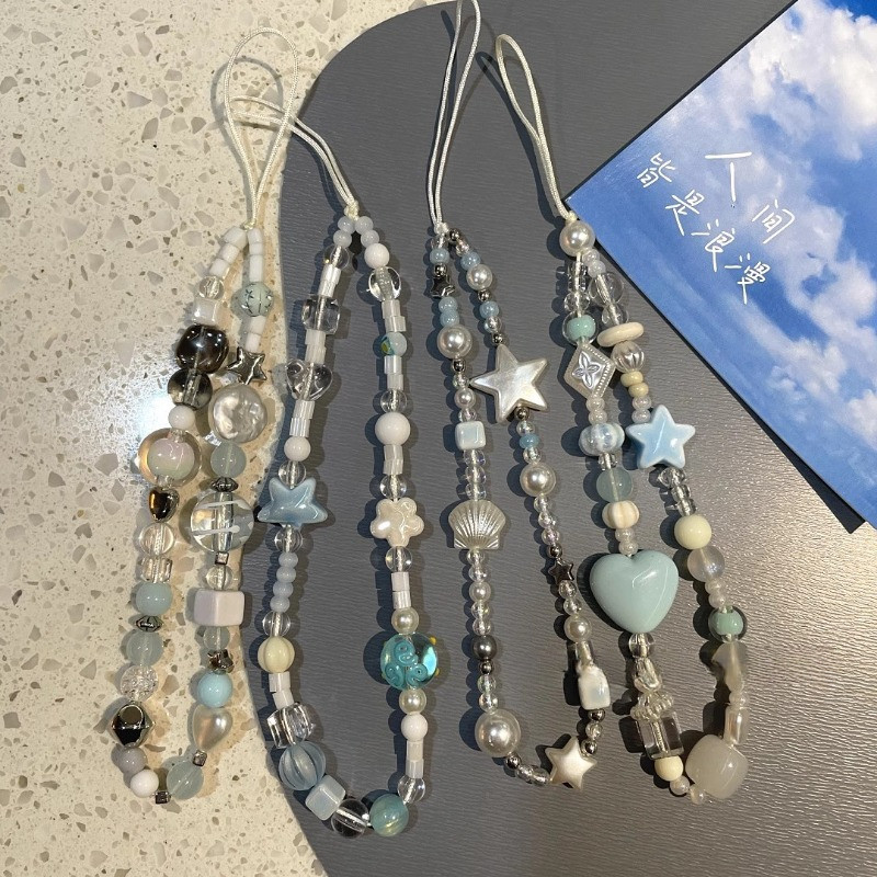 INS Estrela Pérola Contas Telefone Corrente Pingente Para iPhone 16 Acessórios Universais Cordão Pendurado Corda Menina