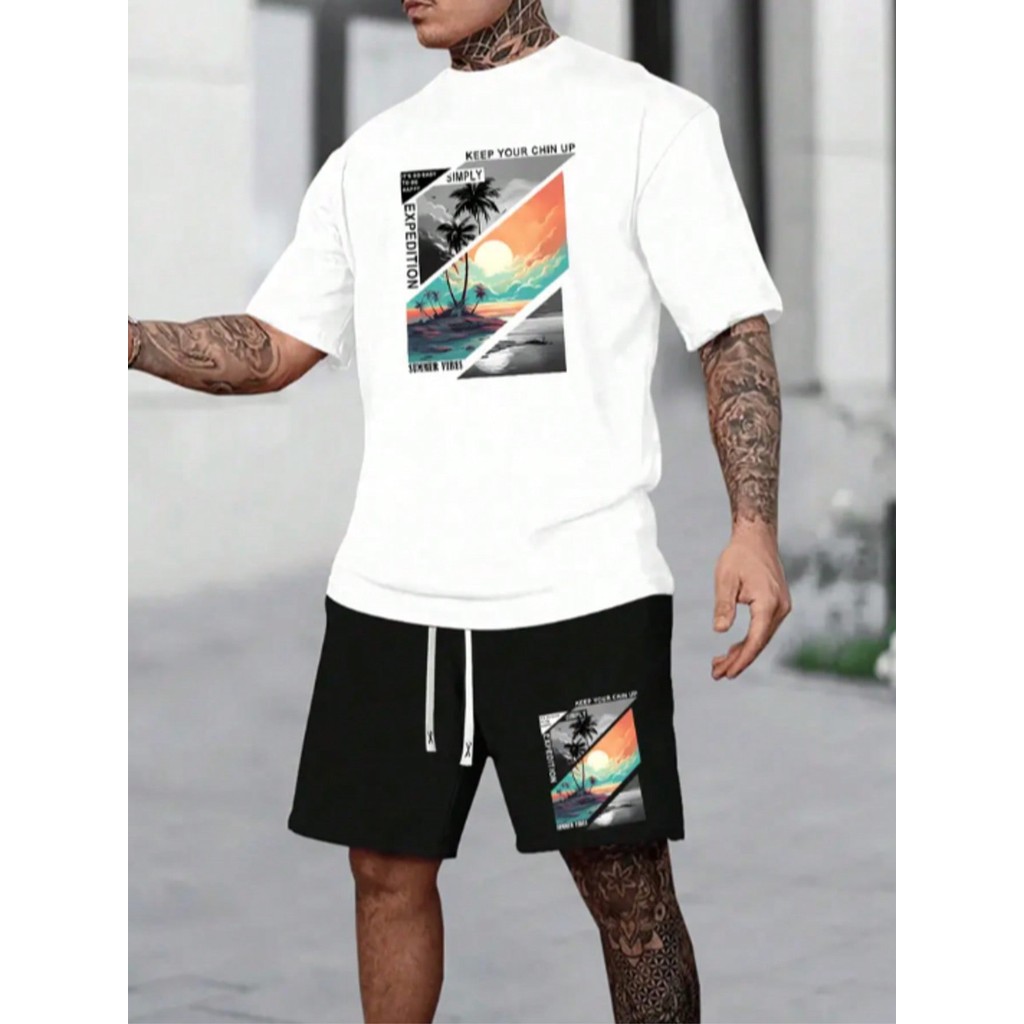 Conjunto Camiseta + Bermuda Keep Ilha Estampado Camisa 100% algodão Bermuda Tactel