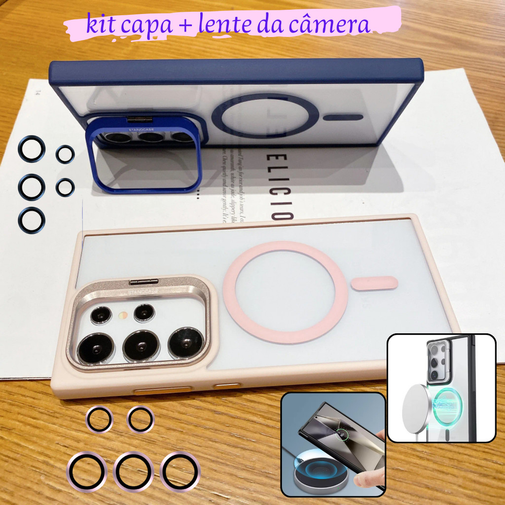 capinha capa case magsafe luxo suporte + lente proteção da câmera para s23 s24 s23fe s24fe s25 plus ultra em Oferta na Shopee