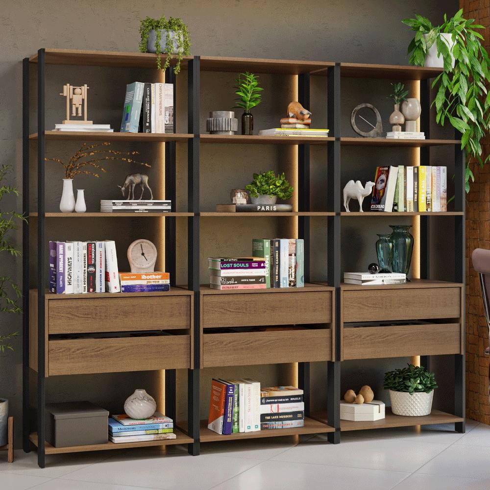 Estante Armário Multiuso para Livros 6 Gavetas 12 prateleiras 210cm Rustic/Preto Madesa em Oferta na Shopee